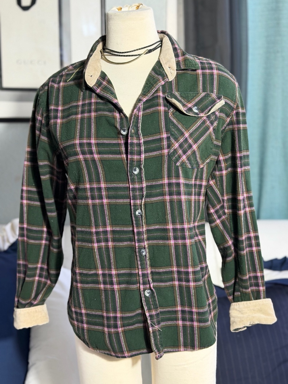 Y2K Green Plaid Button-Up Shirt with Pink Stripe - Corduroy collar and cuffs